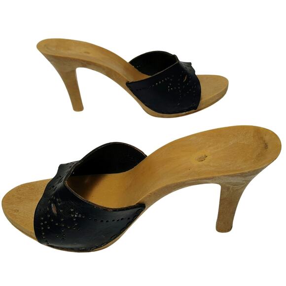 1970s Candies Style Faux Wood Heels Black Leather Vintage Pumps US 5 EUR 36 - Picture 3 of 6
